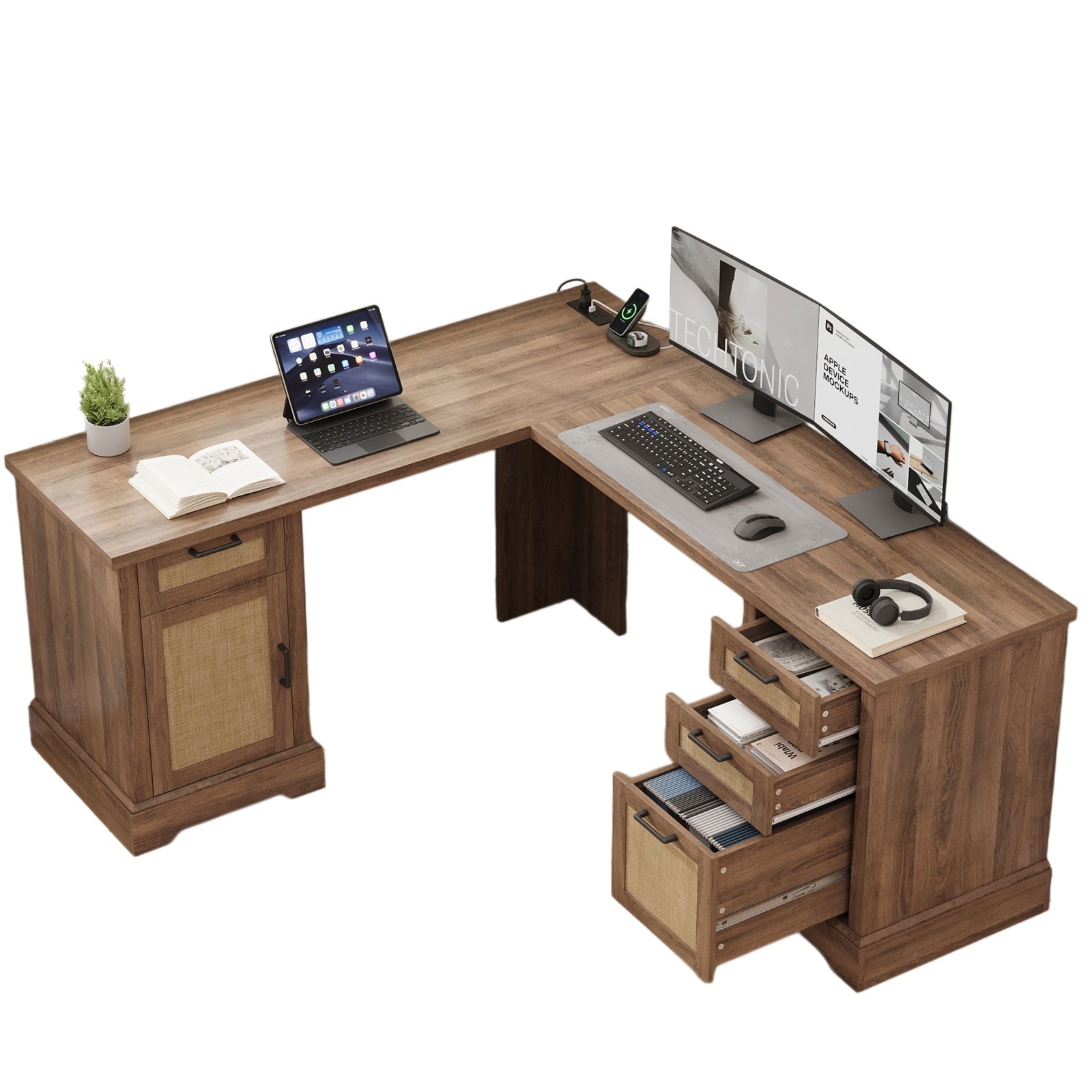 59" L-Shaped Corner Desk with 3 Drawers, Power Outlets, White