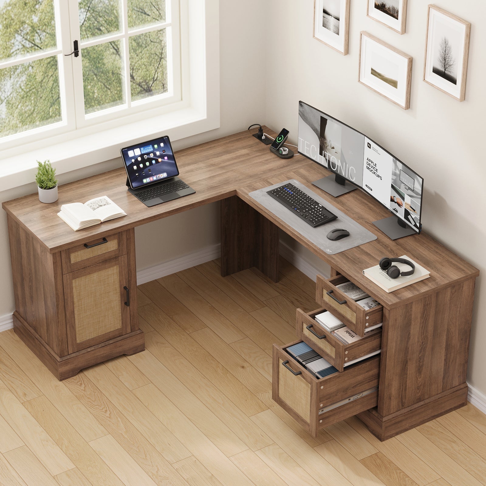 59" L-Shaped Corner Desk with 3 Drawers, Power Outlets, White