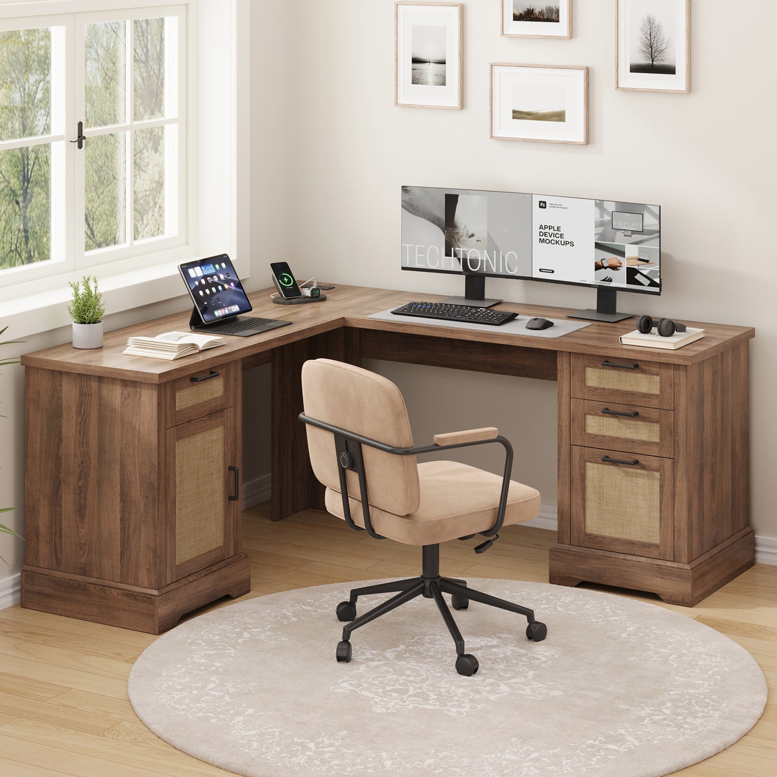 59" L-Shaped Corner Desk with 3 Drawers, Power Outlets, White