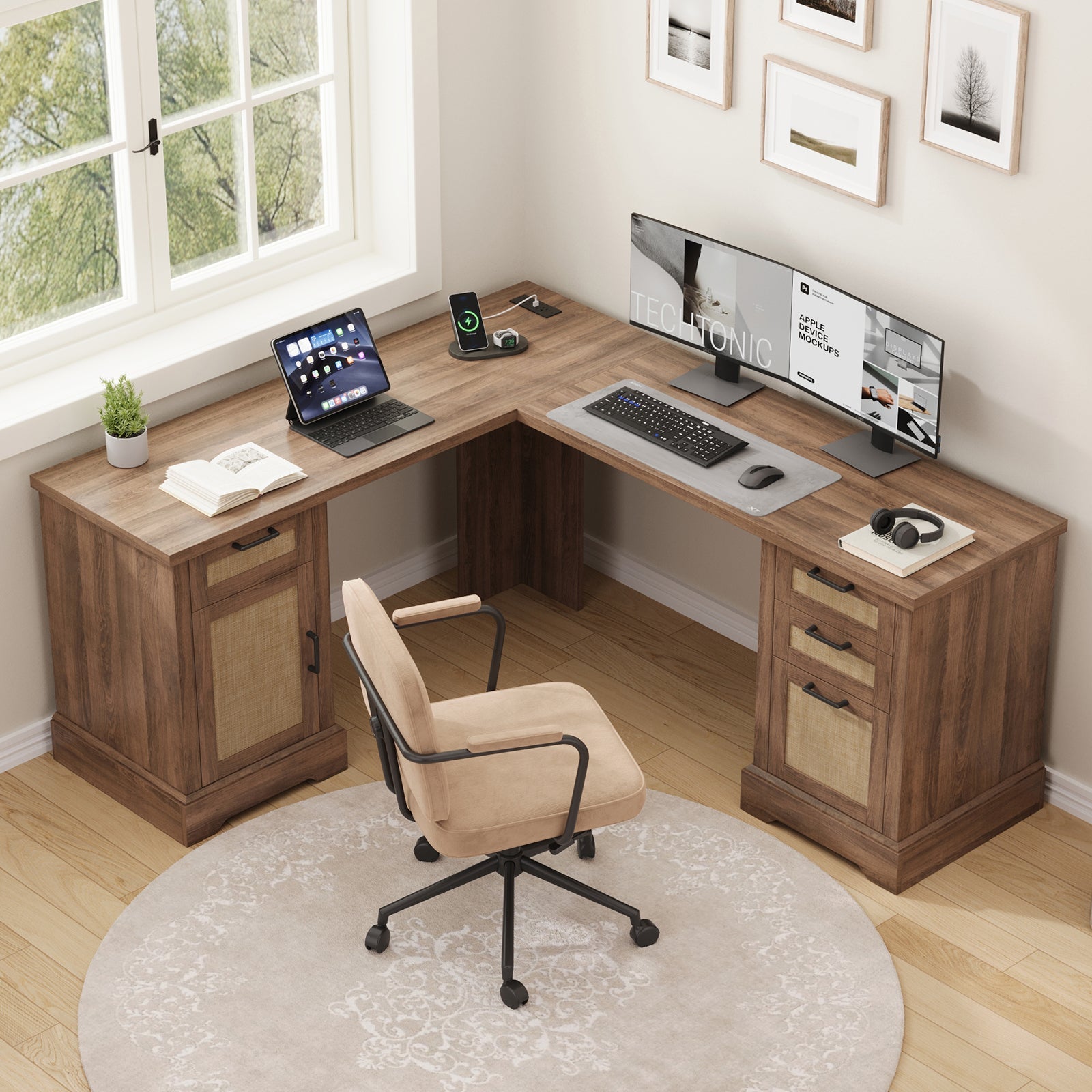 59" L-Shaped Corner Desk with 3 Drawers, Power Outlets, White