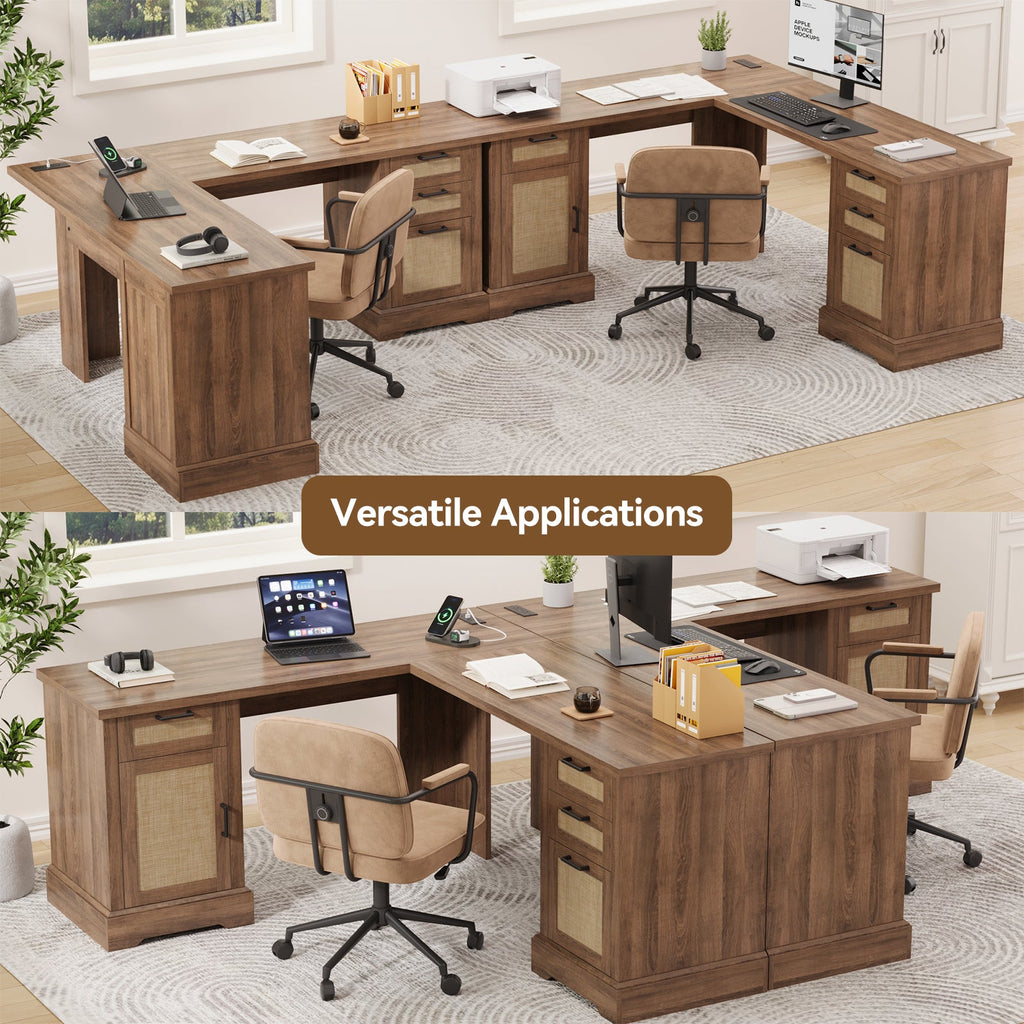 59" L-Shaped Corner Desk with 3 Drawers, Power Outlets, White