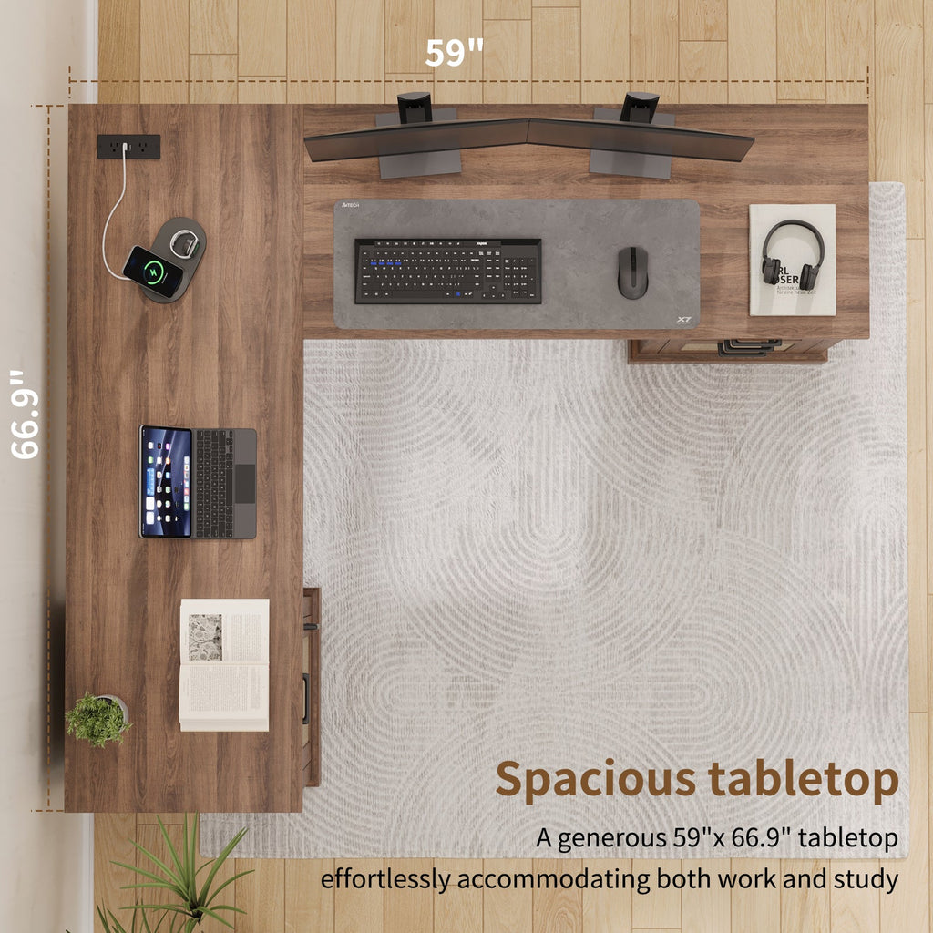 59" L-Shaped Corner Desk with 3 Drawers, Power Outlets, White