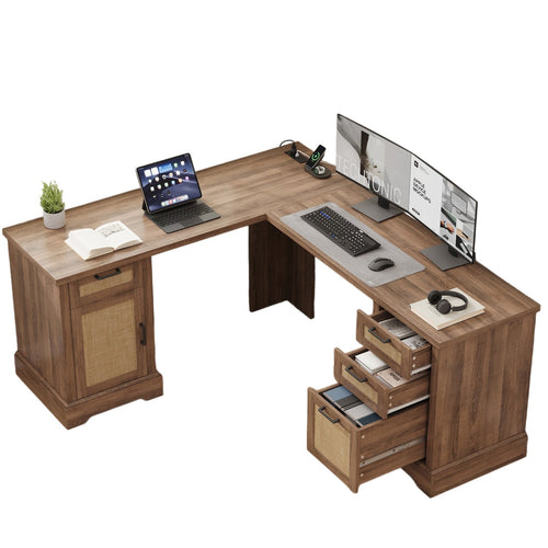 59" L-Shaped Corner Desk with 3 Drawers, Power Outlets, White