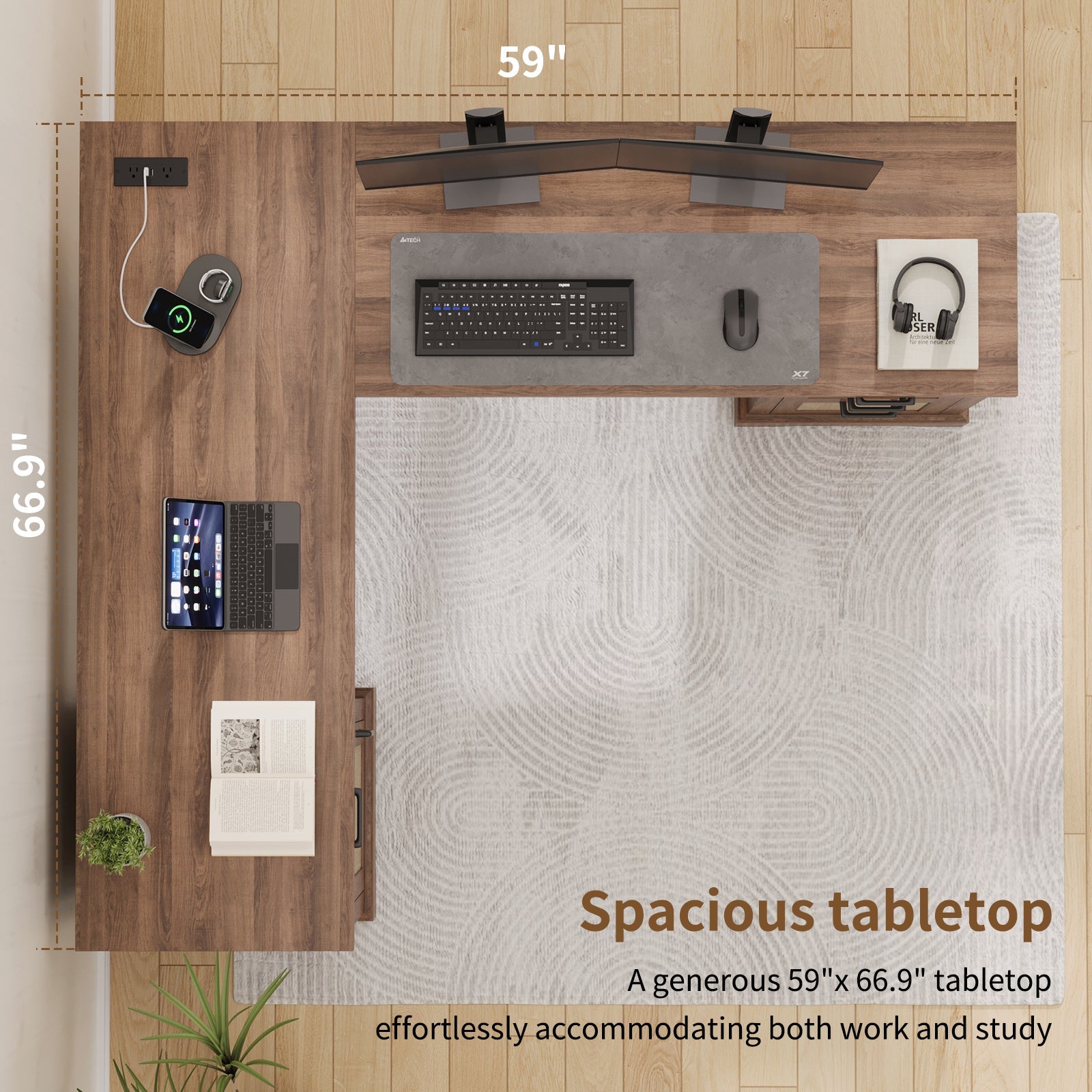 Vektaya US - CPT002 59" L - Shaped Corner Desk with 3 Drawers, Power Outlets, White - VektayaFurnitureCPT002-NR