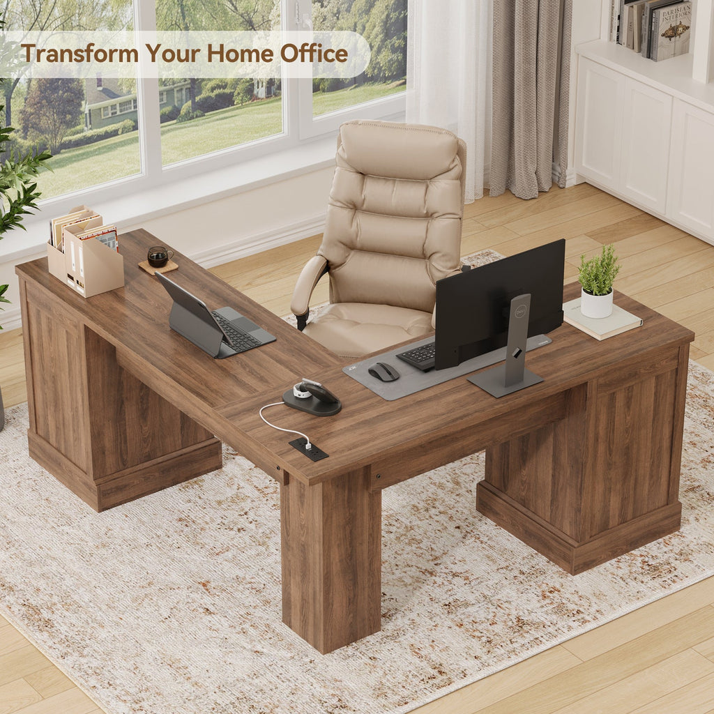 Vektaya US - CPT002 59" L - Shaped Corner Desk with 3 Drawers, Power Outlets, White - VektayaFurnitureCPT002-NR