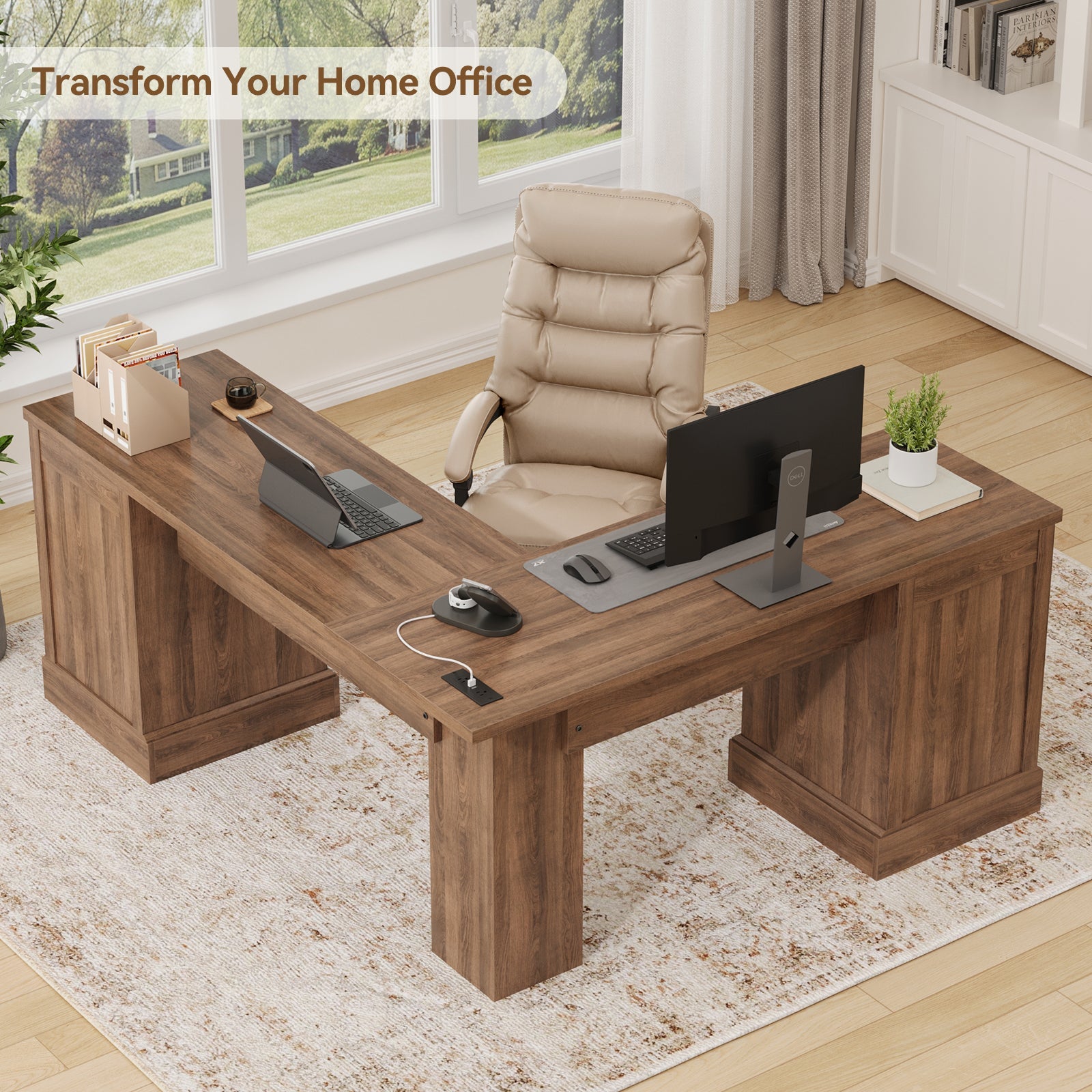 Vektaya US - CPT002 59" L - Shaped Corner Desk with 3 Drawers, Power Outlets, White - VektayaFurnitureCPT002-NR