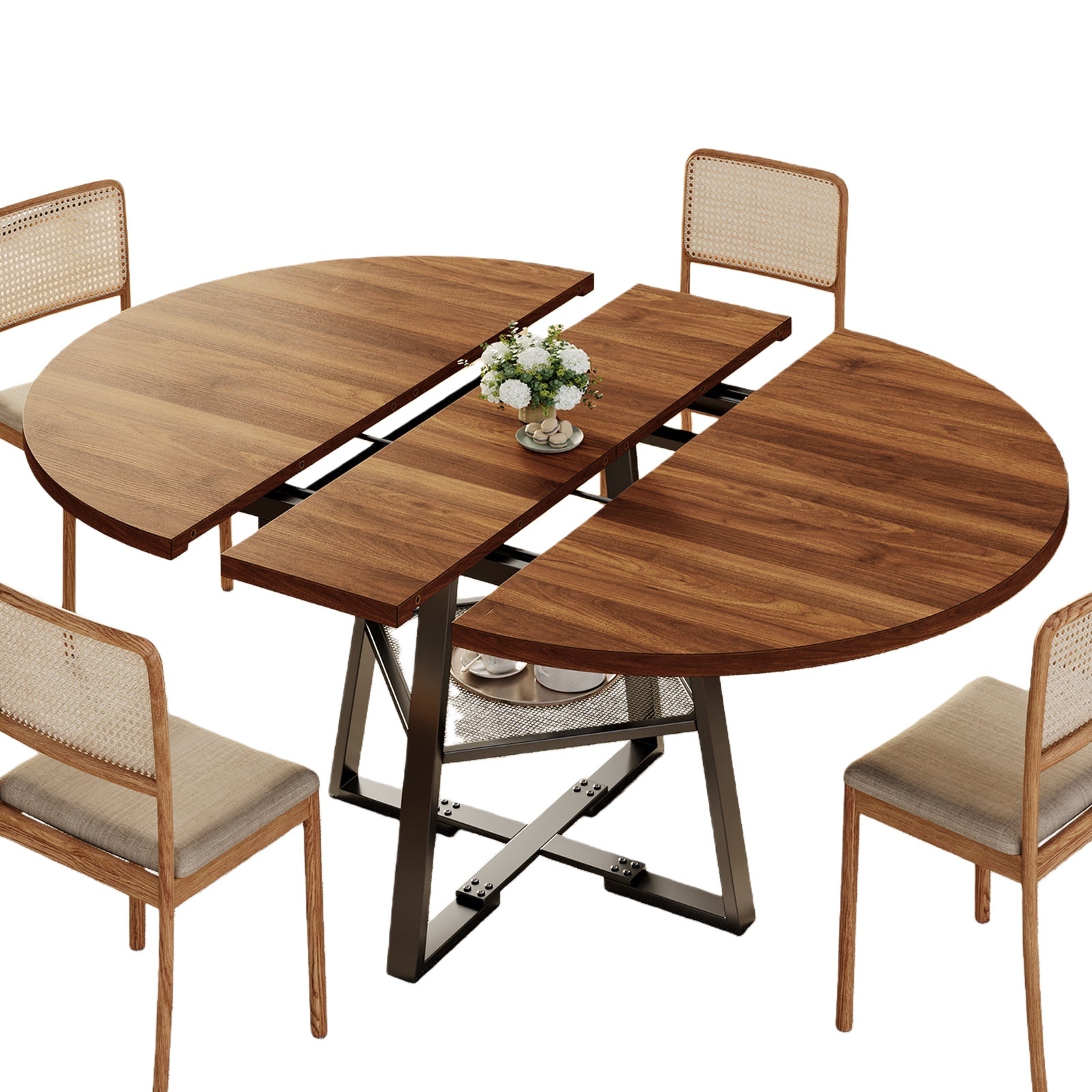 Vektaya US - DT001 47" Extendable Round Table for 4–8, Walnut Metal Frame - VektayaFurnitureUS-DT001-WA