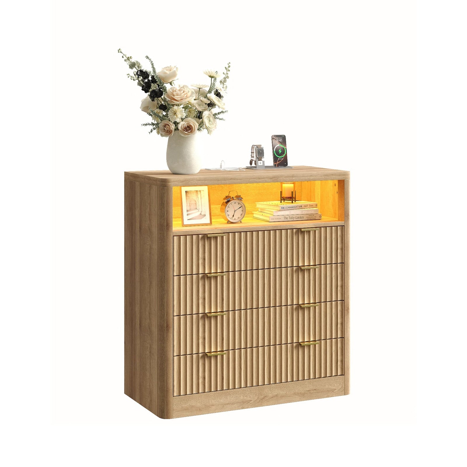 Vektaya US - NS009 - NR Fluted Nightstand with LED & Charging Station, 4 - Drawer Bedroom Storage, Oak - VektayaFurnitureUS-NS009-NR-1PC