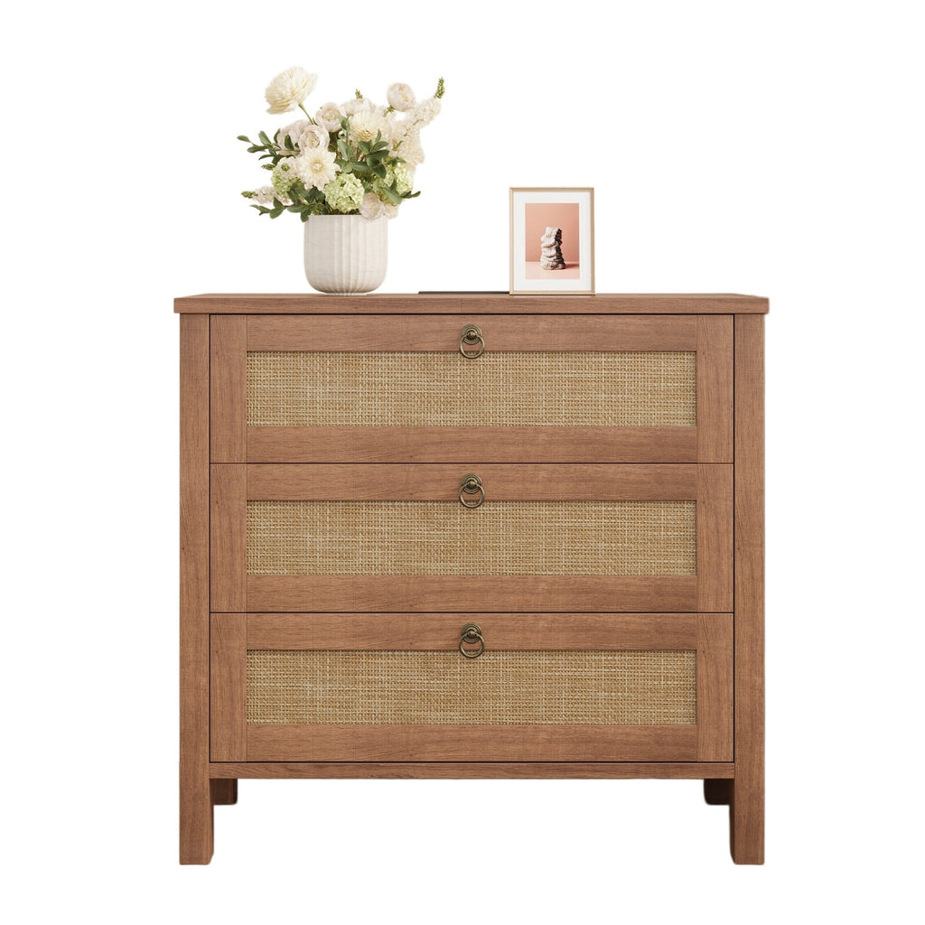 Rattan Nightstand with Charging Station, 3 Drawers, Caramel Oak