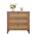 Rattan Nightstand with Charging Station, 3 Drawers, Caramel Oak