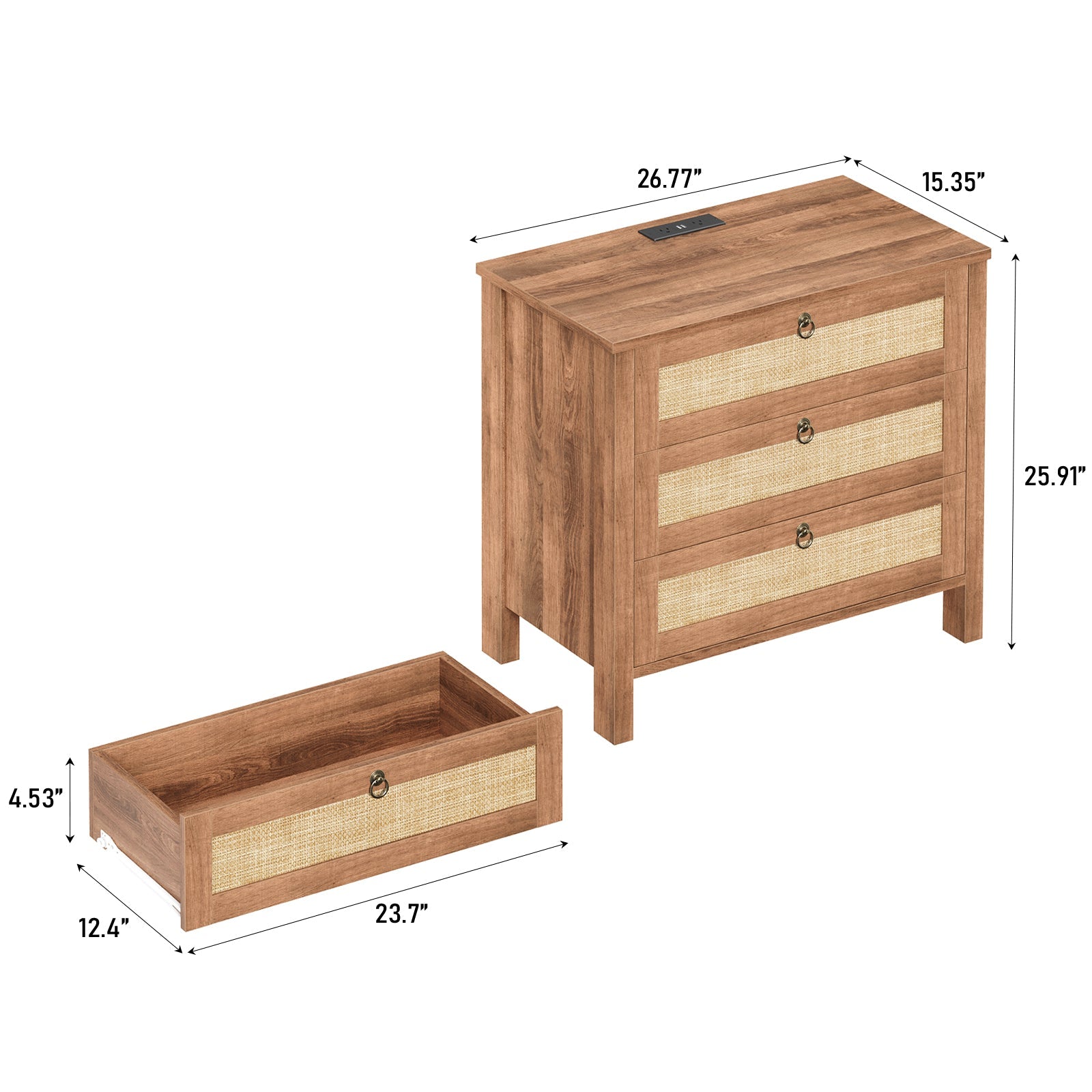 Rattan Nightstand with Charging Station, 3 Drawers, Caramel Oak