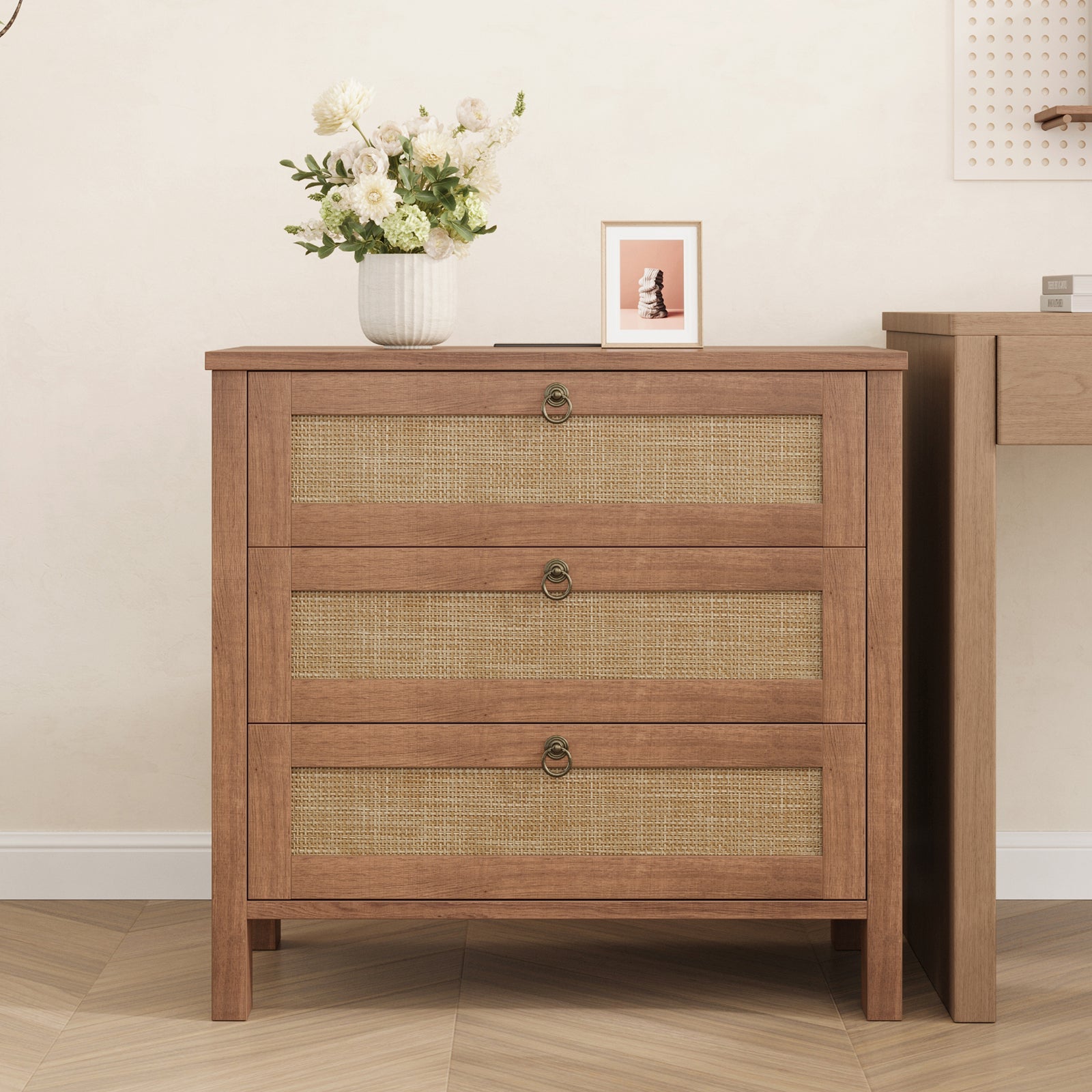 Rattan Nightstand with Charging Station, 3 Drawers, Caramel Oak