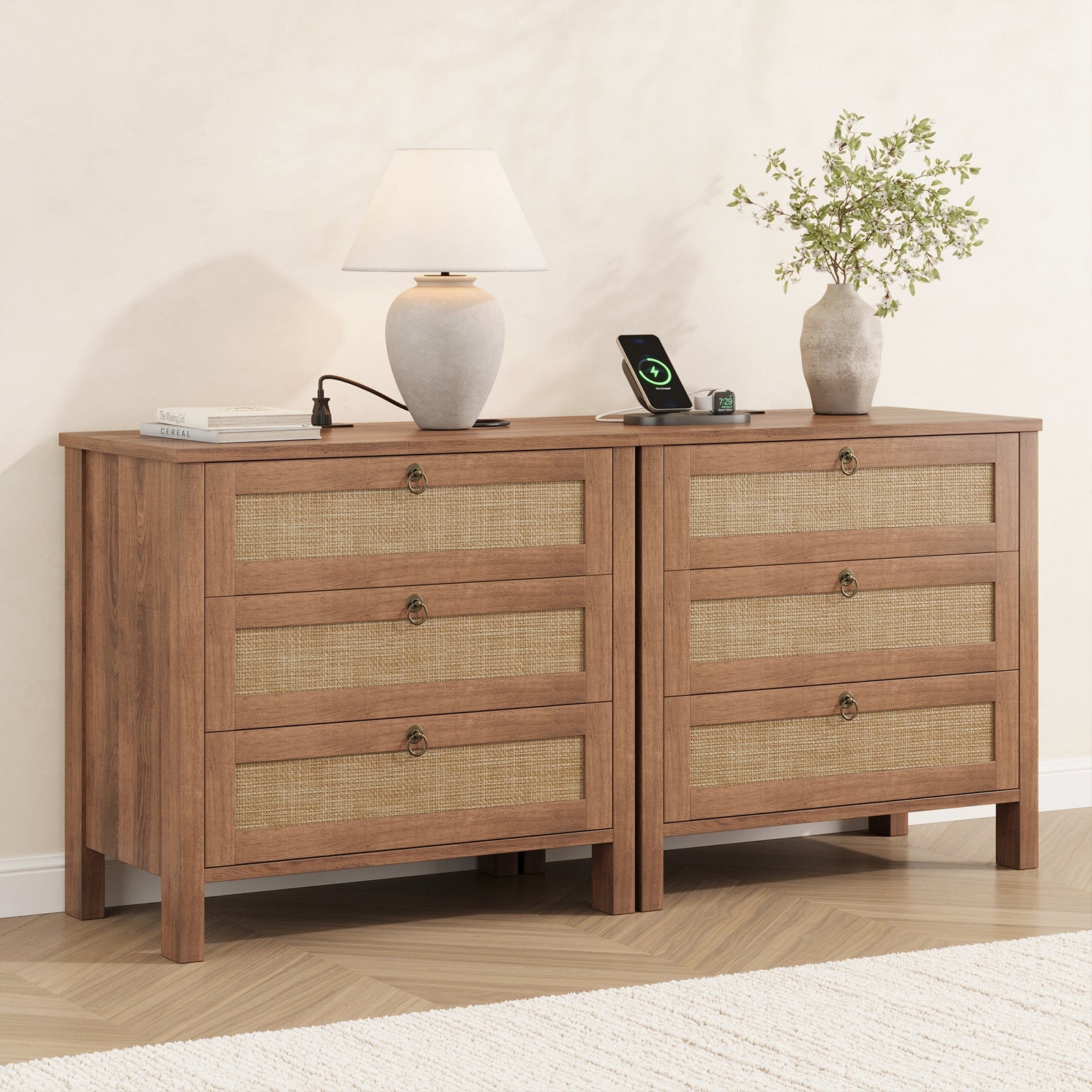 Rattan Nightstand with Charging Station, 3 Drawers, Caramel Oak