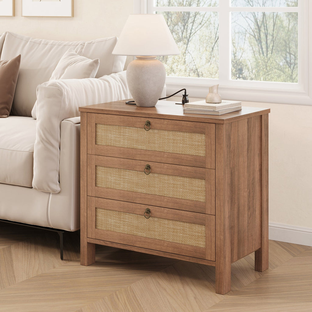 Rattan Nightstand with Charging Station, 3 Drawers, Caramel Oak