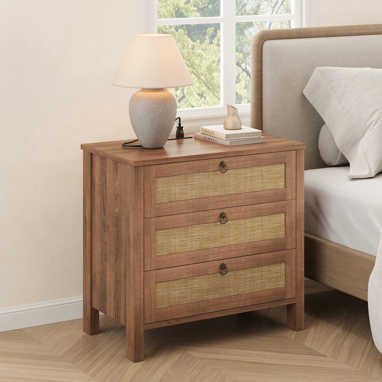 Rattan Nightstand with Charging Station, 3 Drawers, Caramel Oak
