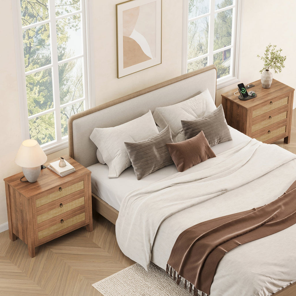 Rattan Nightstand with Charging Station, 3 Drawers, Caramel Oak