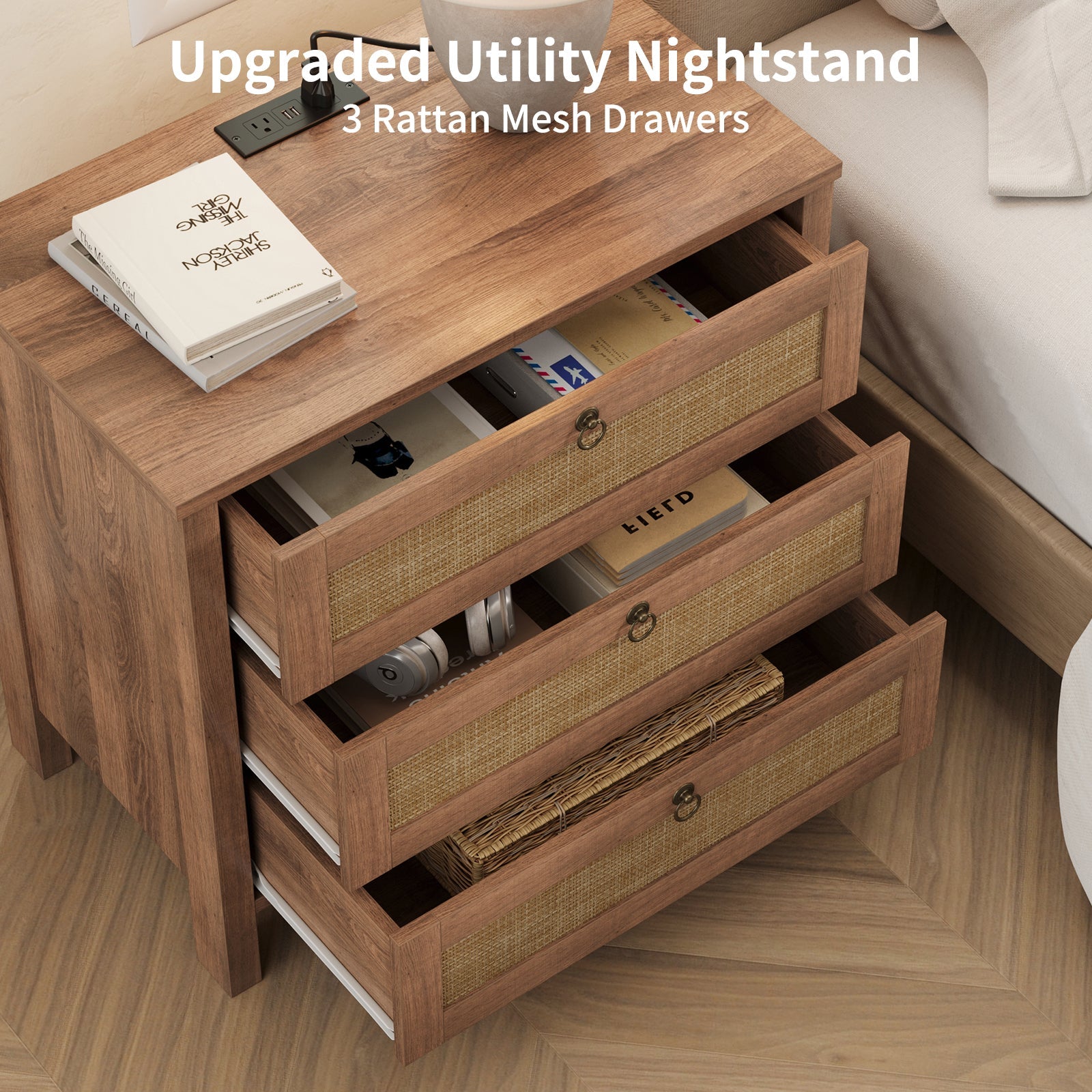 Rattan Nightstand with Charging Station, 3 Drawers, Caramel Oak