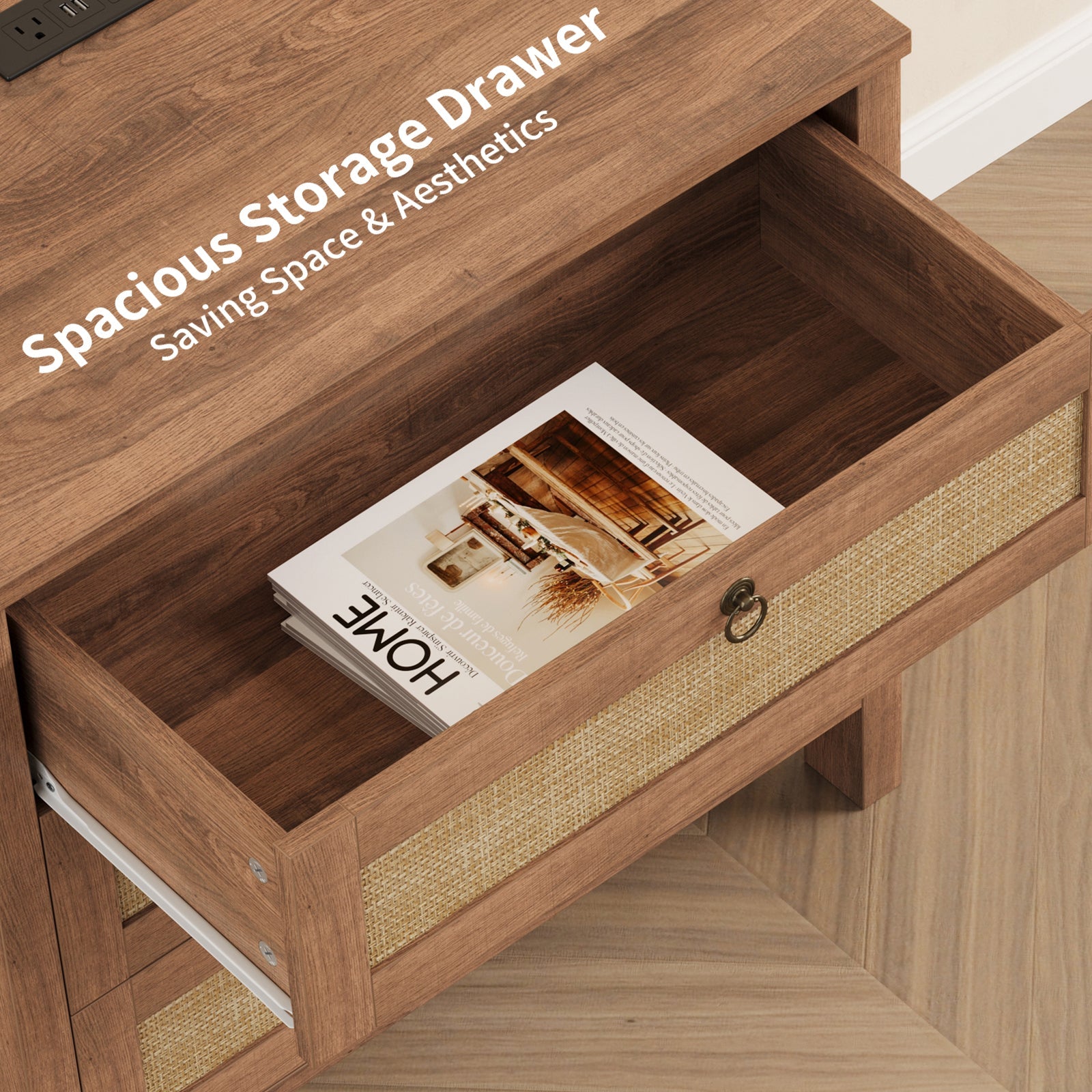Rattan Nightstand with Charging Station, 3 Drawers, Caramel Oak