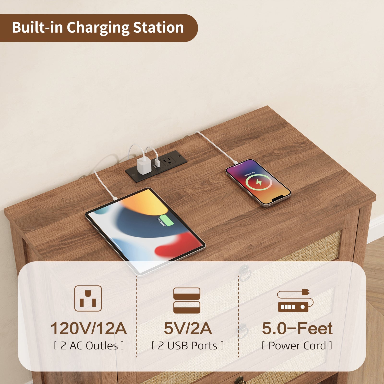 Rattan Nightstand with Charging Station, 3 Drawers, Caramel Oak