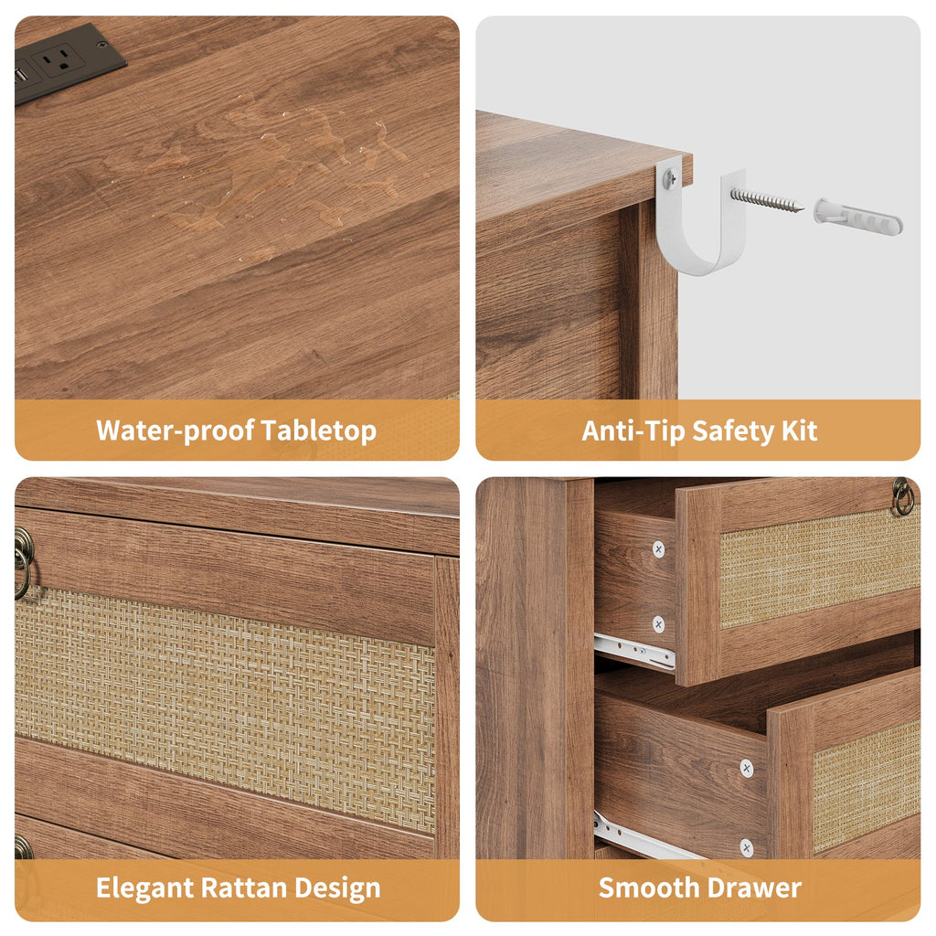 Rattan Nightstand with Charging Station, 3 Drawers, Caramel Oak