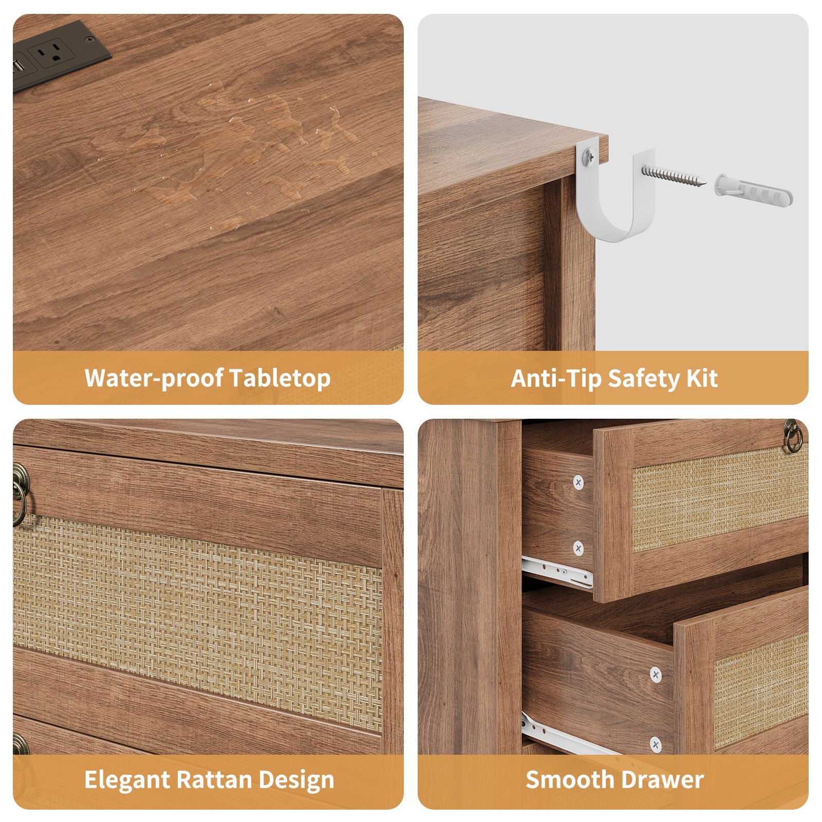 Rattan Nightstand with Charging Station, 3 Drawers, Caramel Oak