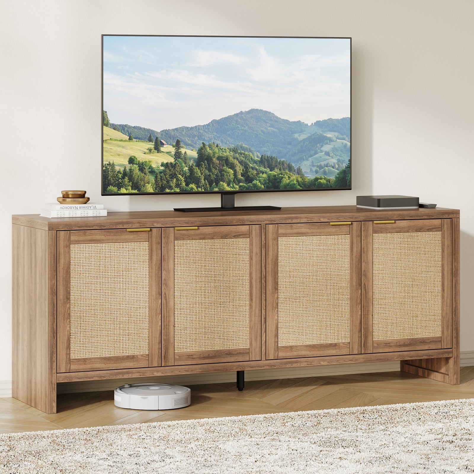 61.5" Rattan TV Stand for TVs up to 65", 4-Door, Walnut