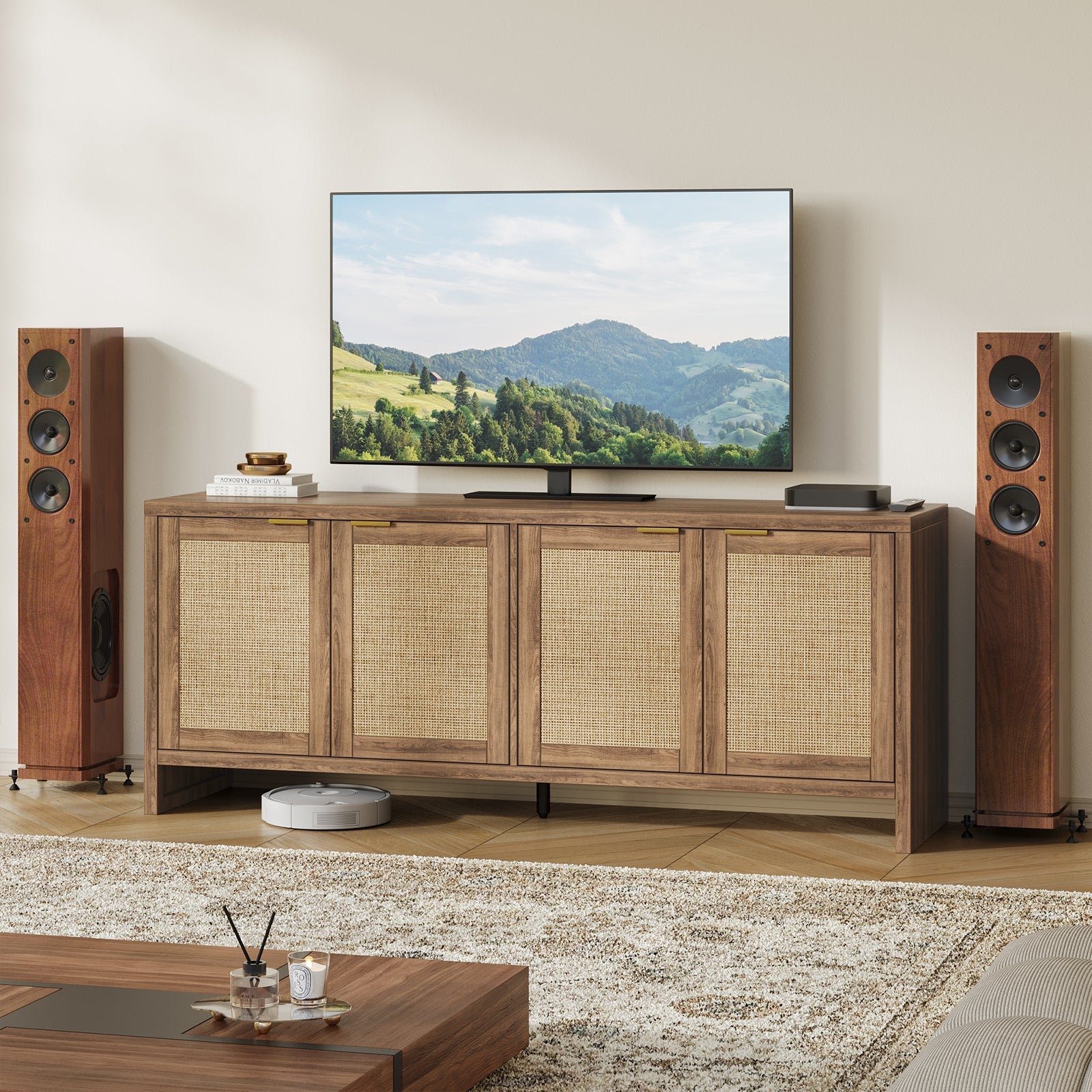 61.5" Rattan TV Stand for TVs up to 65", 4-Door, Walnut