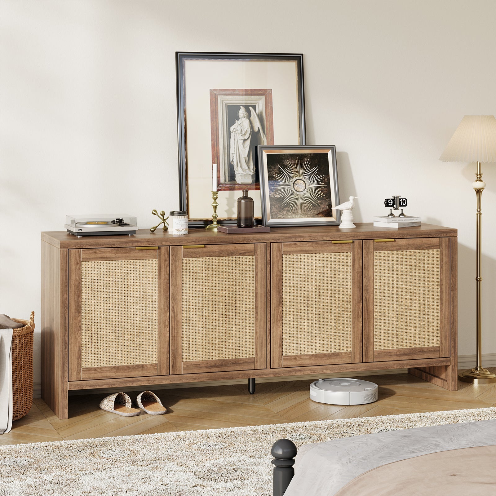 61.5" Rattan TV Stand for TVs up to 65", 4-Door, Walnut