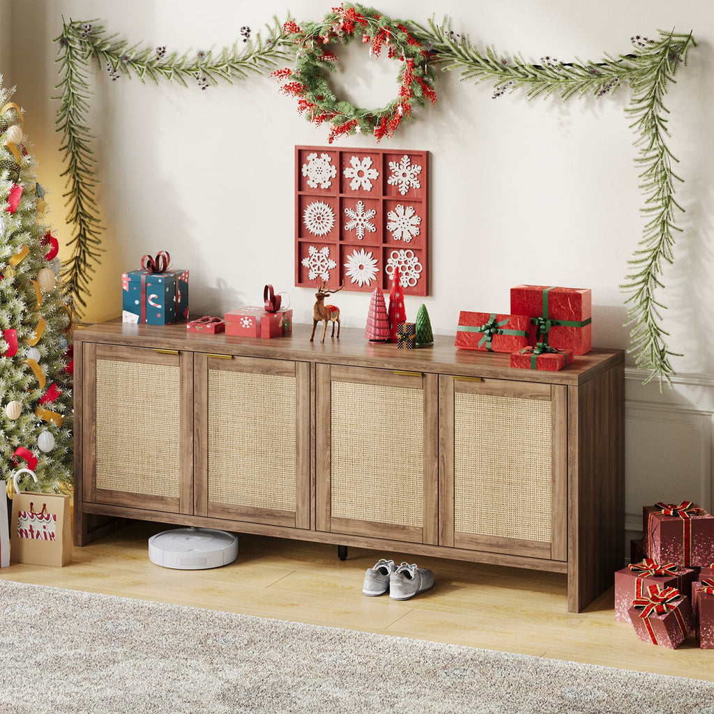 61.5" Rattan TV Stand for TVs up to 65", 4-Door, Walnut
