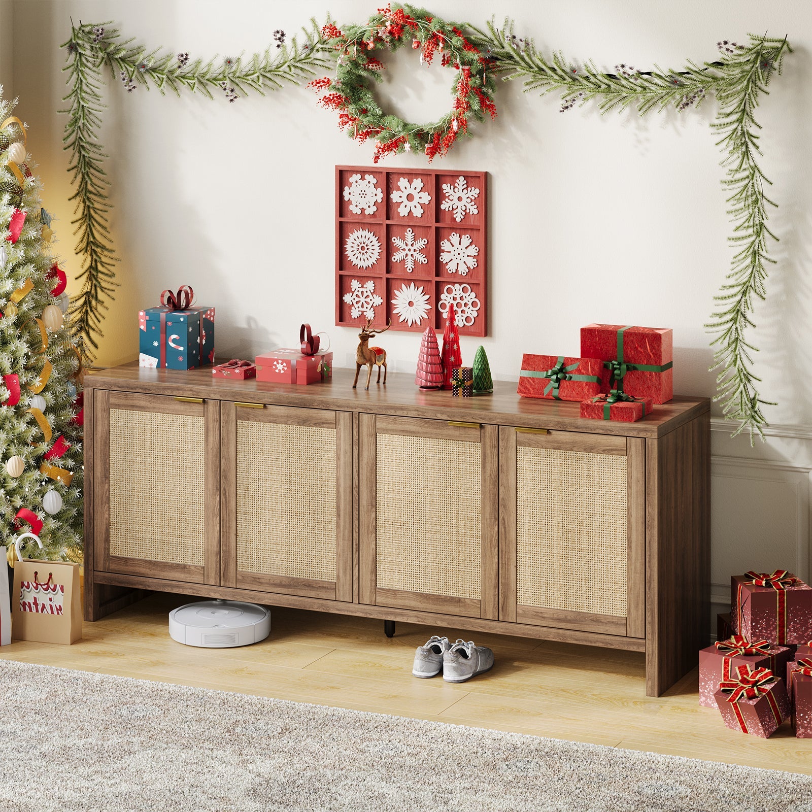 61.5" Rattan TV Stand for TVs up to 65", 4-Door, Walnut