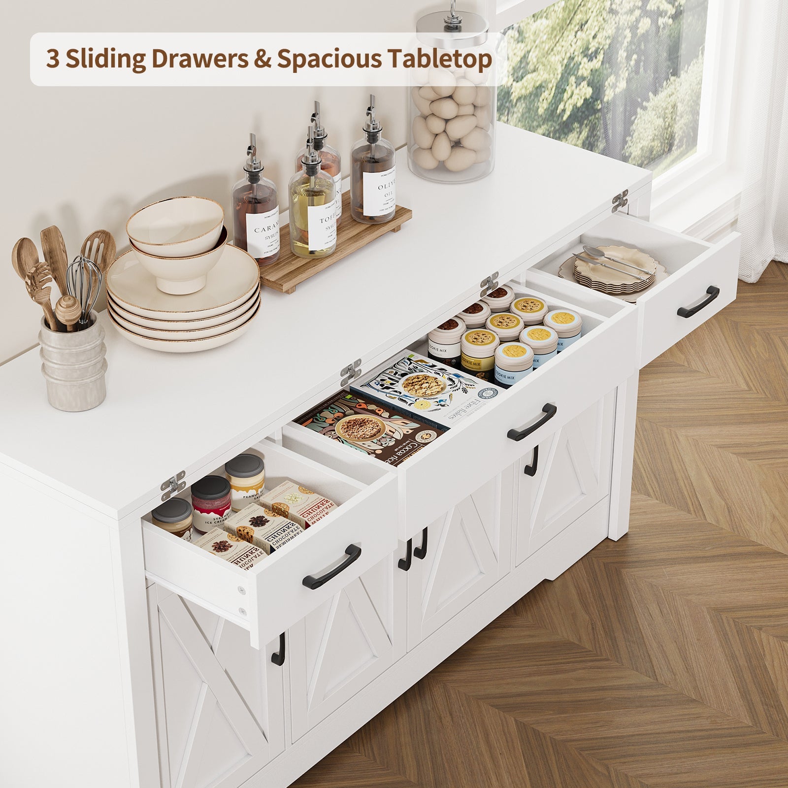 15"–30" Expandable Sideboard with 3 Drawers, White
