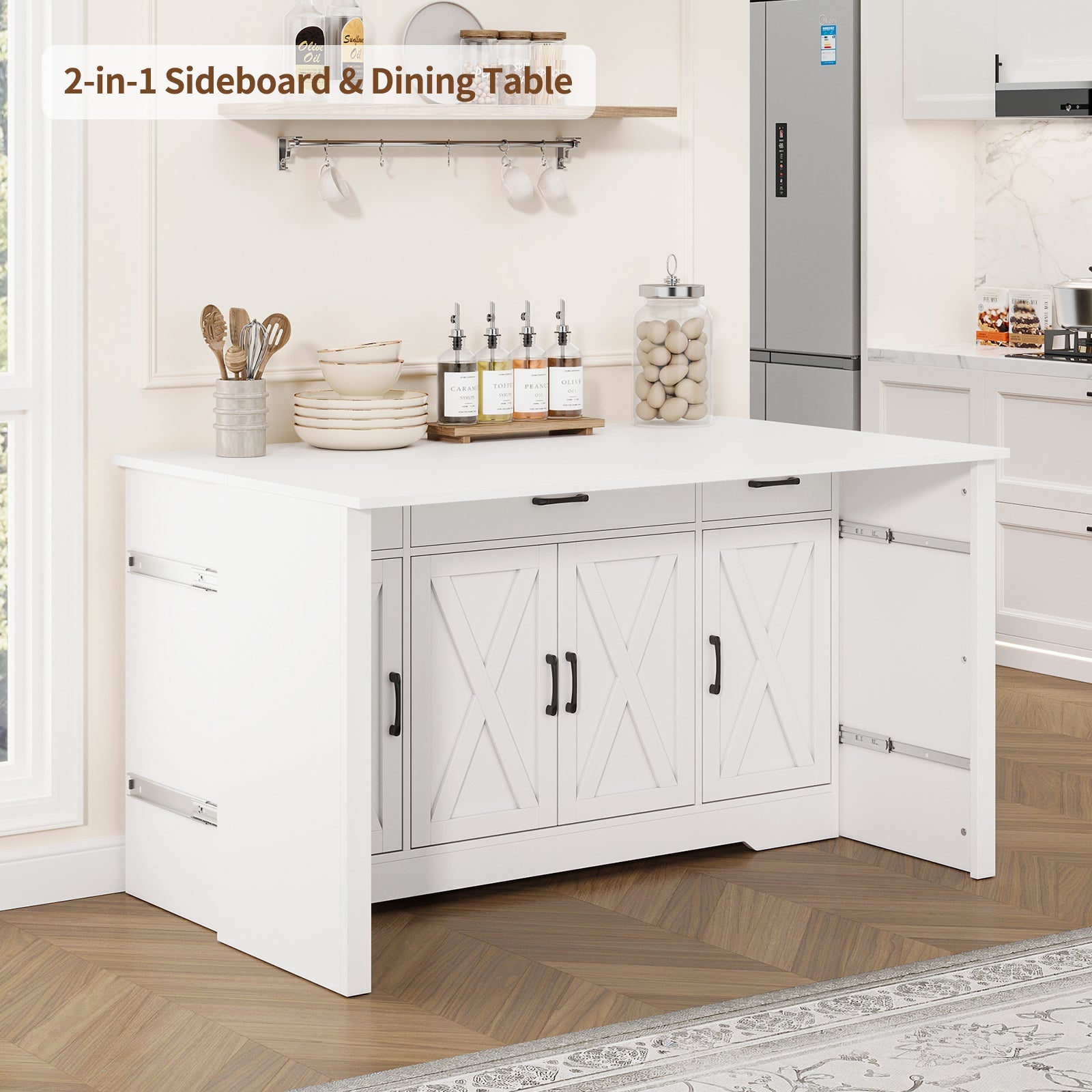 15"–30" Expandable Sideboard with 3 Drawers, White