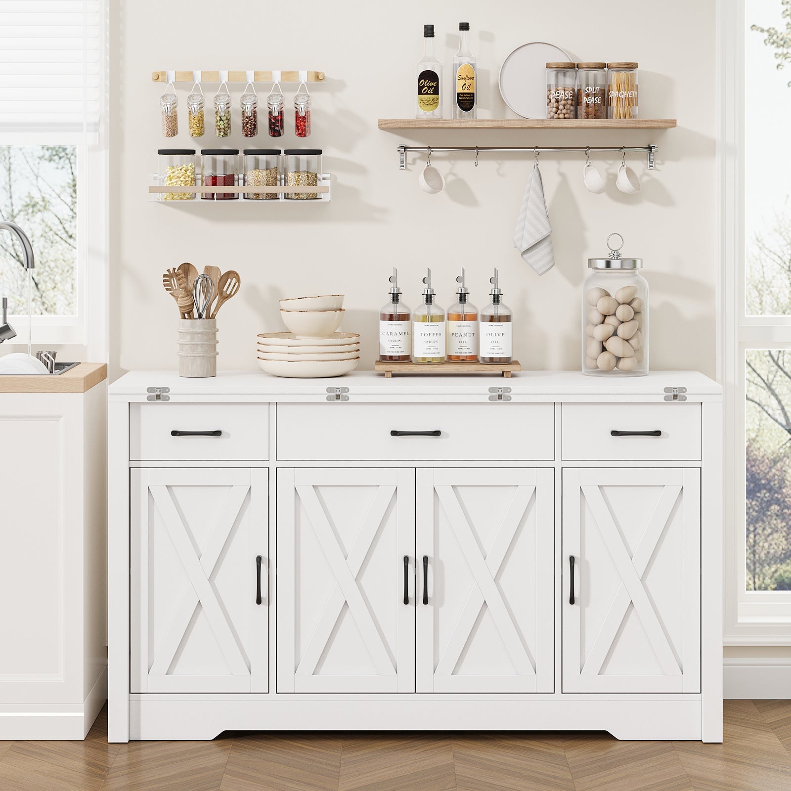 Vektaya US - SC013 - WH 15" - 30" Expandable Sideboard with 3 Drawers & Storage, White - VektayaFurnitureSC013-WH