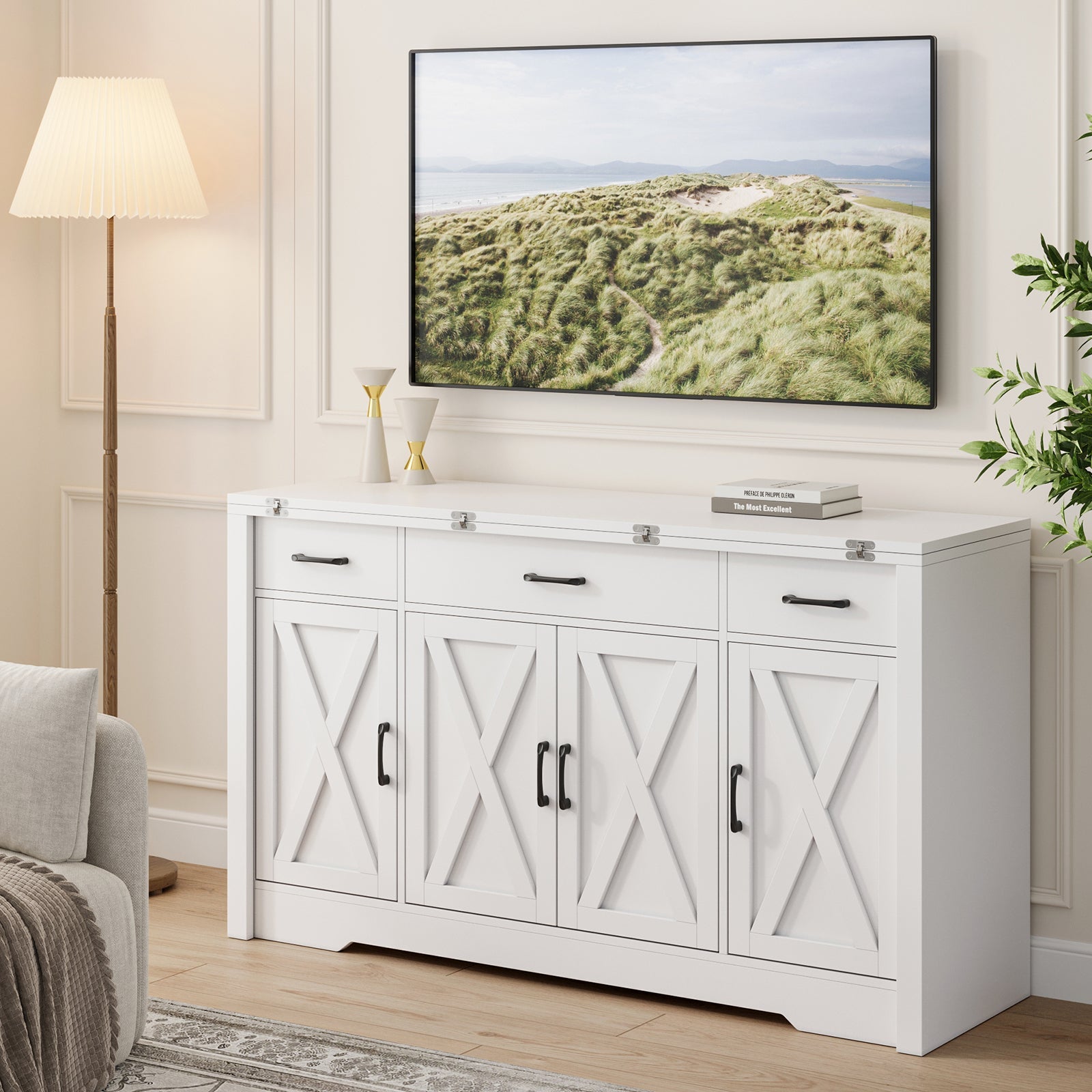 Vektaya US - SC013 - WH 15" - 30" Expandable Sideboard with 3 Drawers & Storage, White - VektayaFurnitureSC013-WH
