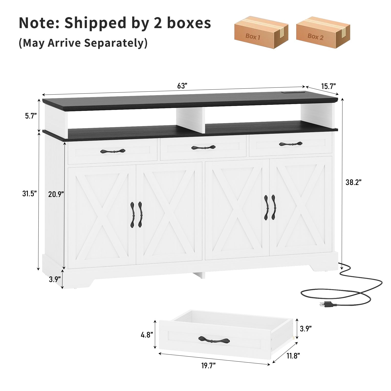 63" Buffet Cabinet with Charging Station, White