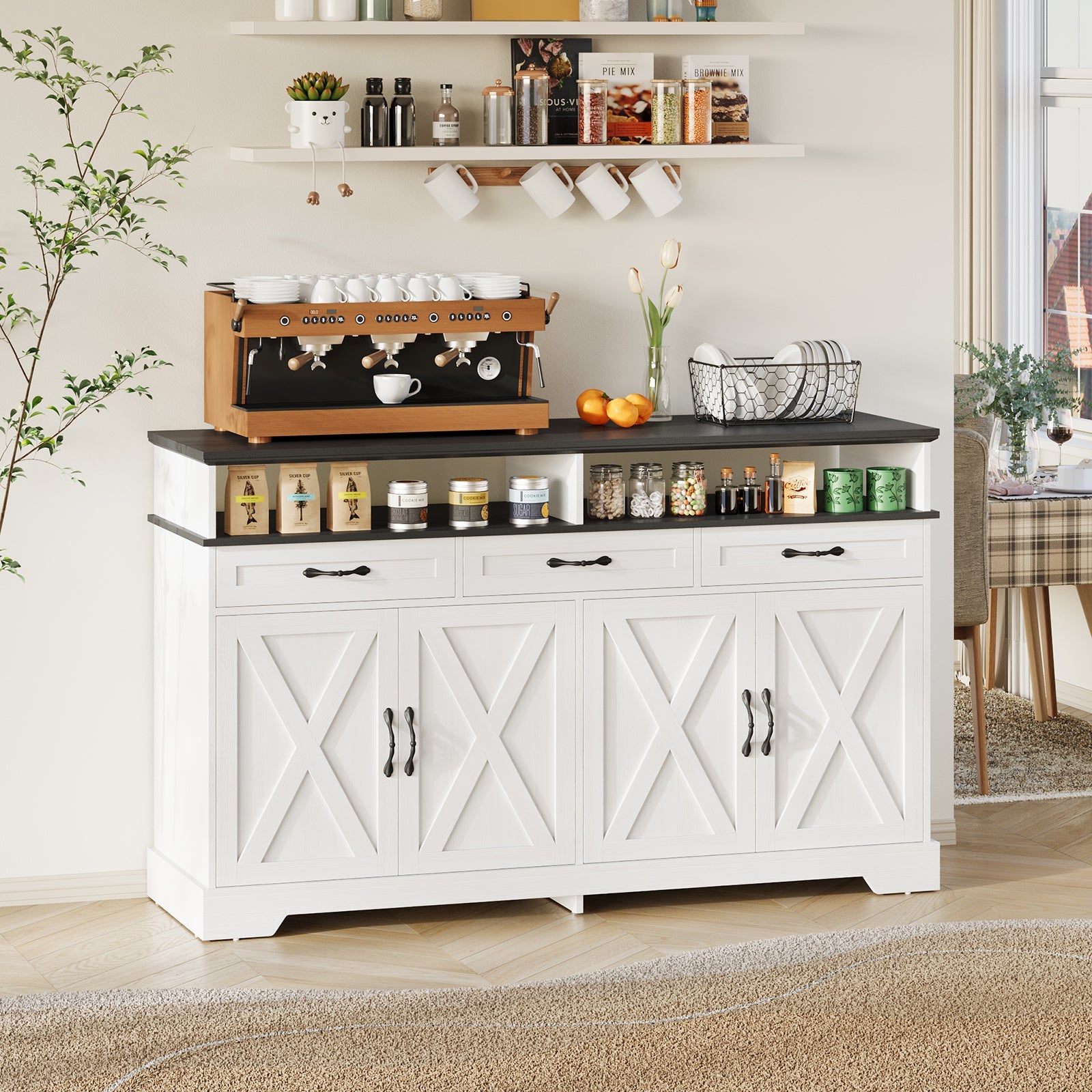 63" Buffet Cabinet with Charging Station, White