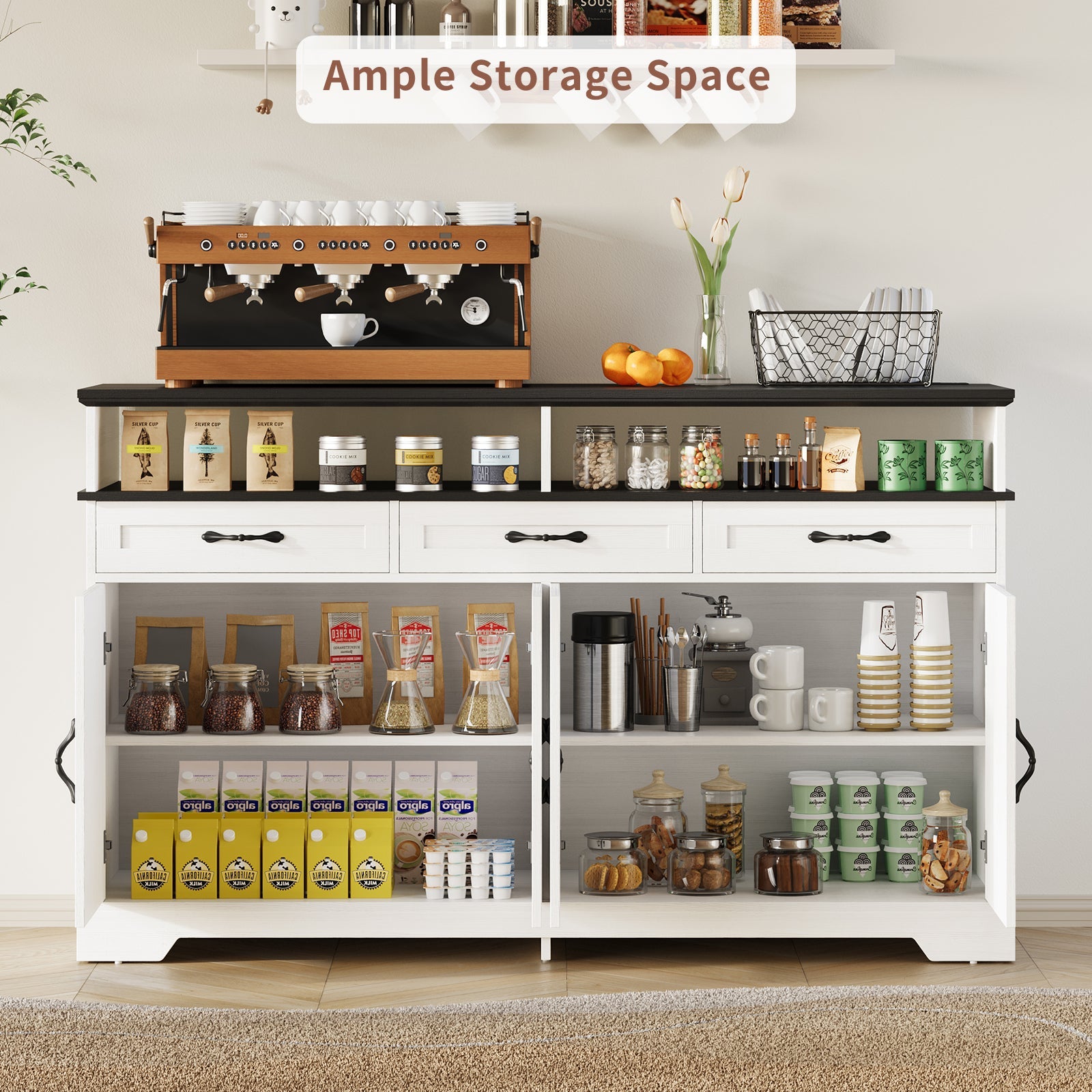 63" Buffet Cabinet with Charging Station, White