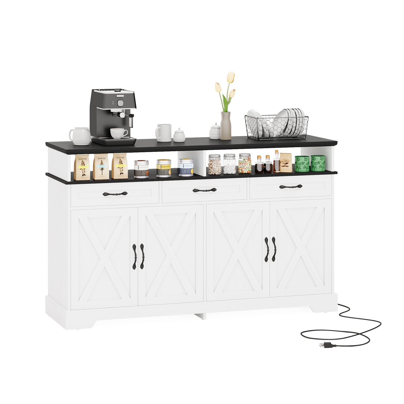 Vektaya US - SC014 - WH 63" Buffet Cabinet with Storage & Charging Station, White - VektayaFurnitureSC014-WH