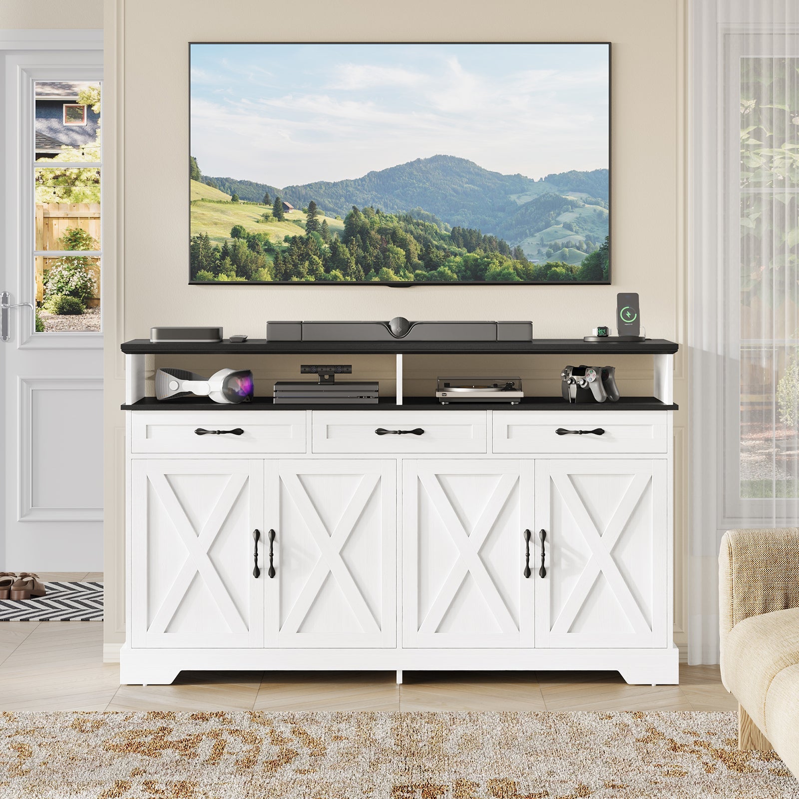 Vektaya US - SC014 - WH 63" Buffet Cabinet with Storage & Charging Station, White - VektayaFurnitureSC014-WH