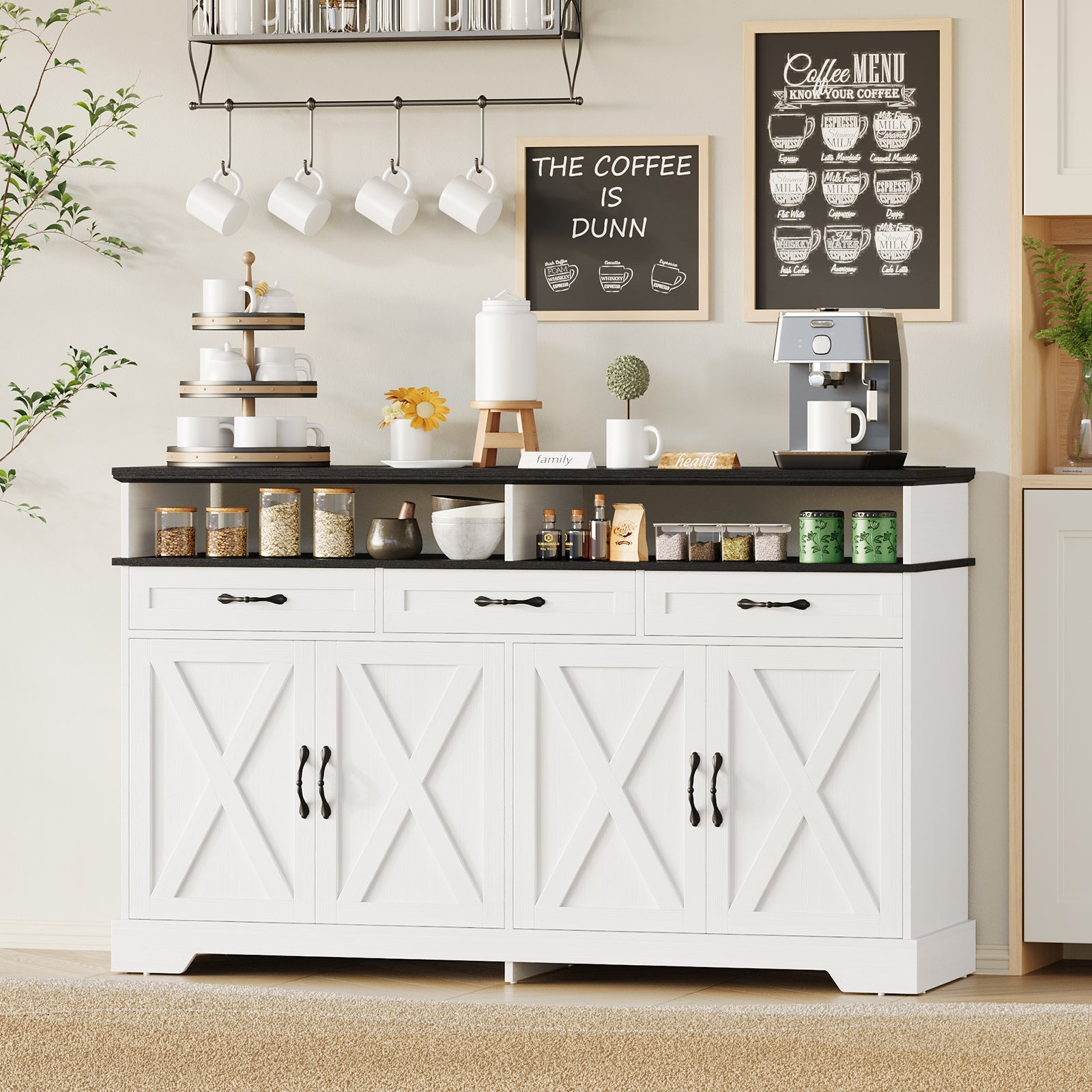 Vektaya US - SC014 - WH 63" Buffet Cabinet with Storage & Charging Station, White - VektayaFurnitureSC014-WH