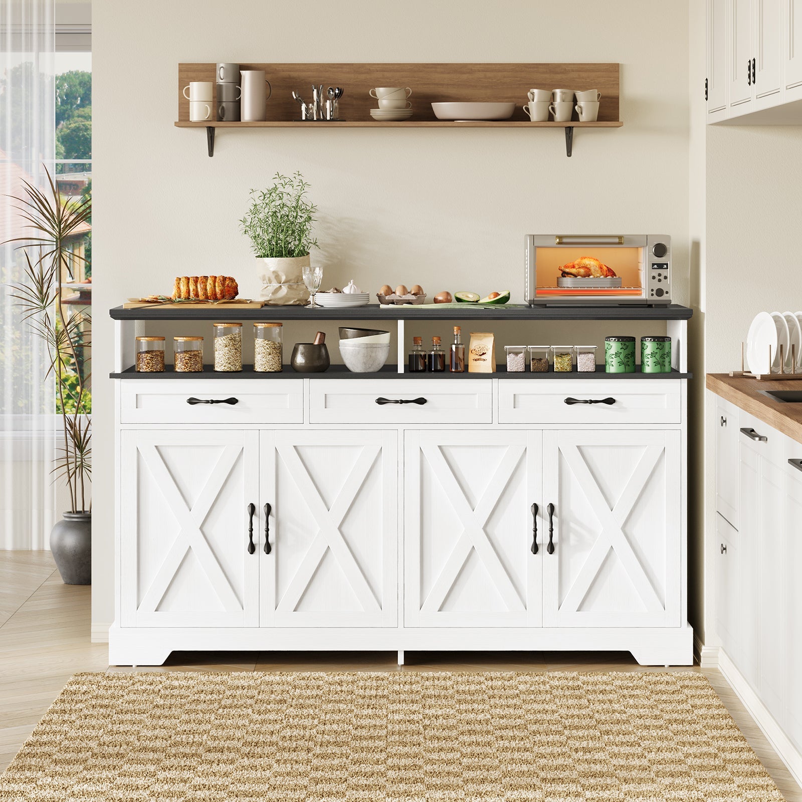 Vektaya US - SC014 - WH 63" Buffet Cabinet with Storage & Charging Station, White - VektayaFurnitureSC014-WH