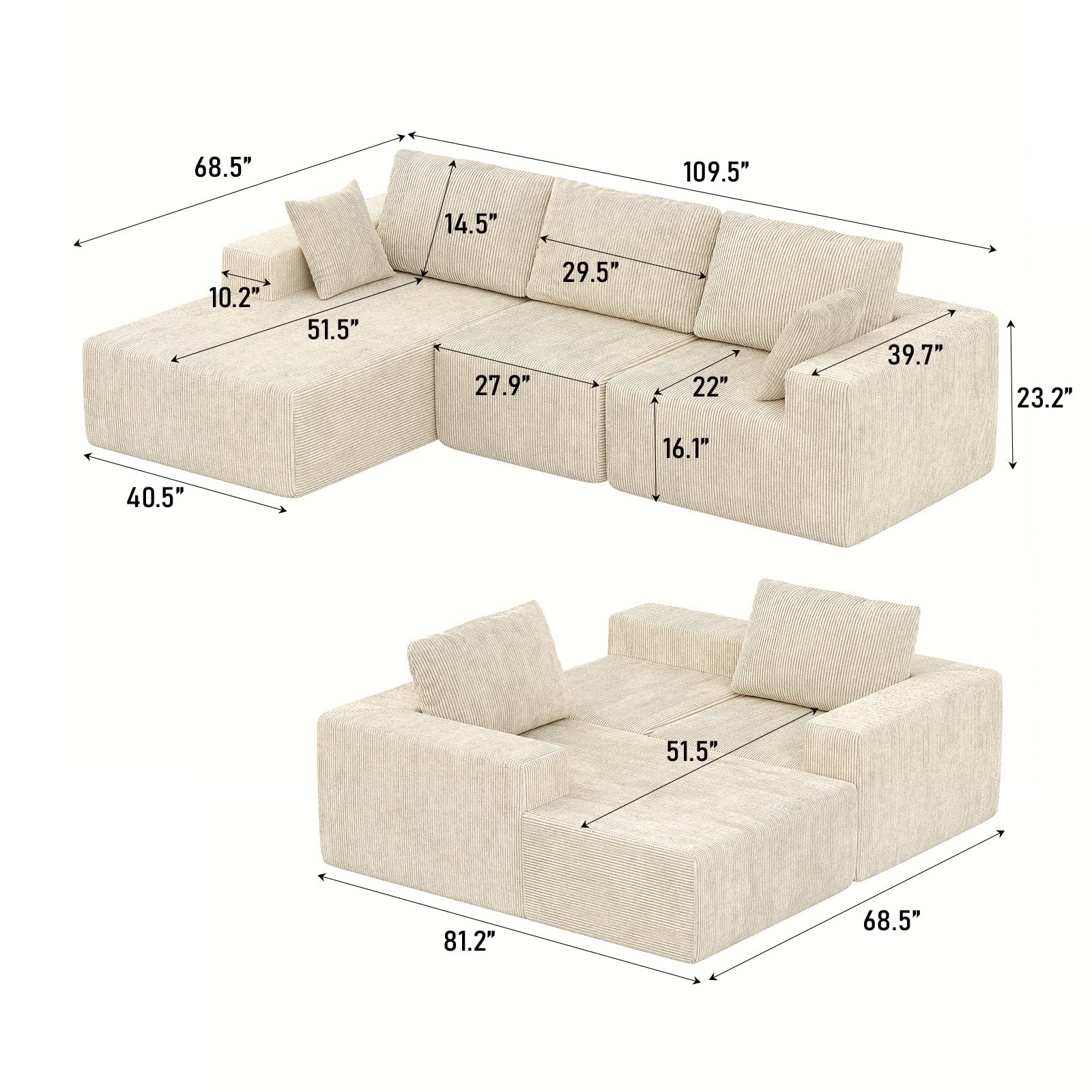 Vektaya US - SF001 - WH 107" L - Shaped Cloud Modular Sectional with Chaise, Deep Seat, No Assembly, Beige - VektayaFurnitureUS-SF001-WH