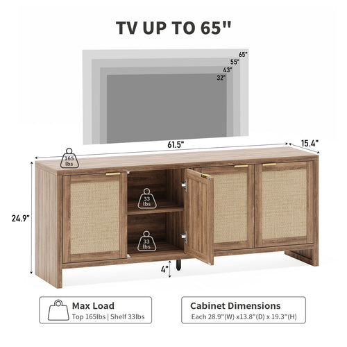 61.5" Rattan TV Stand for TVs up to 65", 4-Door, Walnut