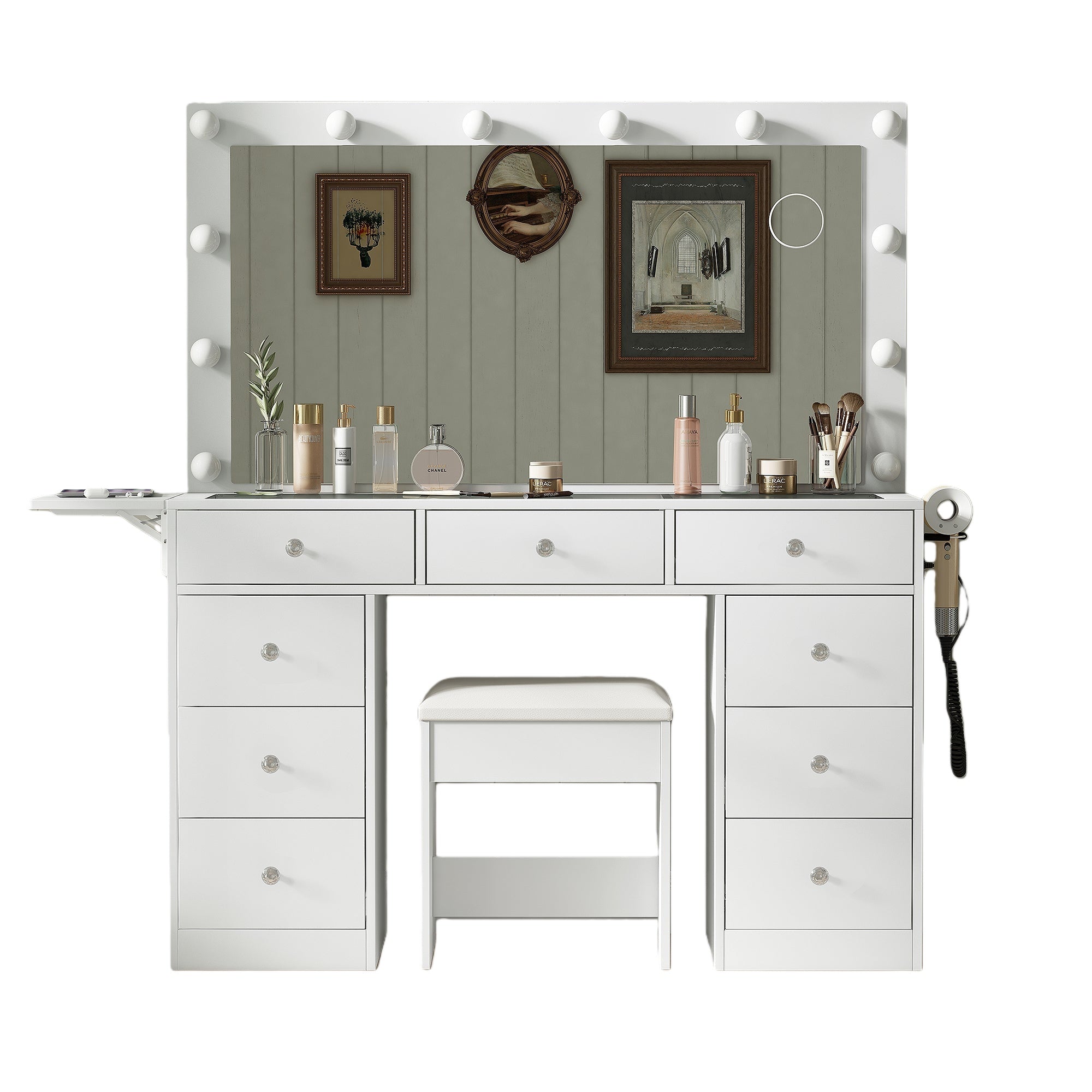 Vektaya US - VD007 Bedroom Makeup Vanity desk with LED Mirror, 9 Drawers - VektayaFurnitureUS-VD007-WH