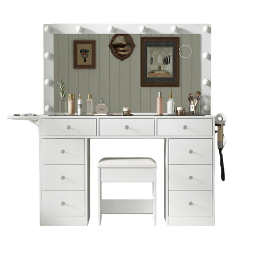 Vektaya US - VD007 Bedroom Makeup Vanity desk with LED Mirror, 9 Drawers - VektayaFurnitureUS-VD007-WH