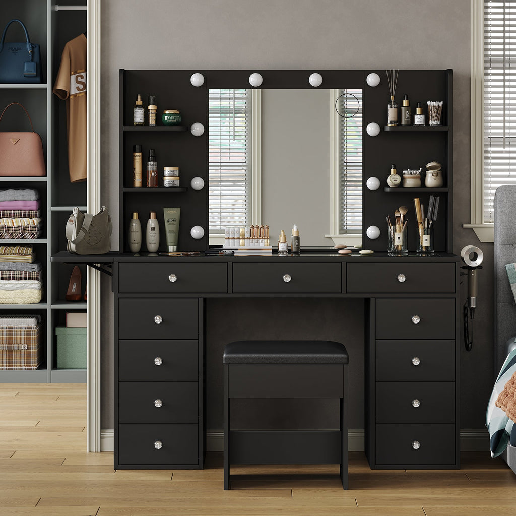 Vektaya US - VD010 Bedroom Makeup Vanity desk with LED MirrorLED Mirror, 9 Drawers - VektayaFurnitureUS-VD010-BL