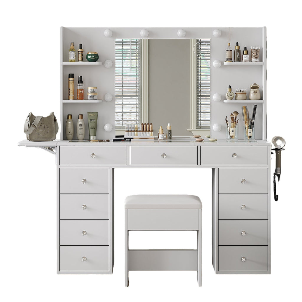 Vektaya US - VD010 Bedroom Makeup Vanity desk with LED MirrorLED Mirror, 9 Drawers - VektayaFurnitureUS-VD010-WH