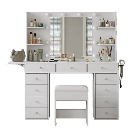 Vektaya US - VD010 Bedroom Makeup Vanity desk with LED MirrorLED Mirror, 9 Drawers - VektayaFurnitureUS-VD010-WH