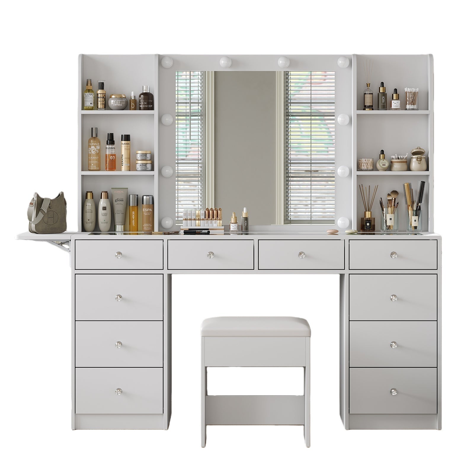Vektaya US - VD011 Bedroom Makeup Vanity desk with LED Mirror, 11 Drawers - VektayaFurnitureUS-VD011-WH