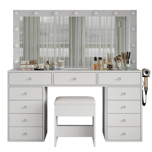 Vektaya US - VD015 Bedroom Makeup Vanity desk with LED Mirror, 11 Drawers - VektayaFurnitureUS-VD015-WH